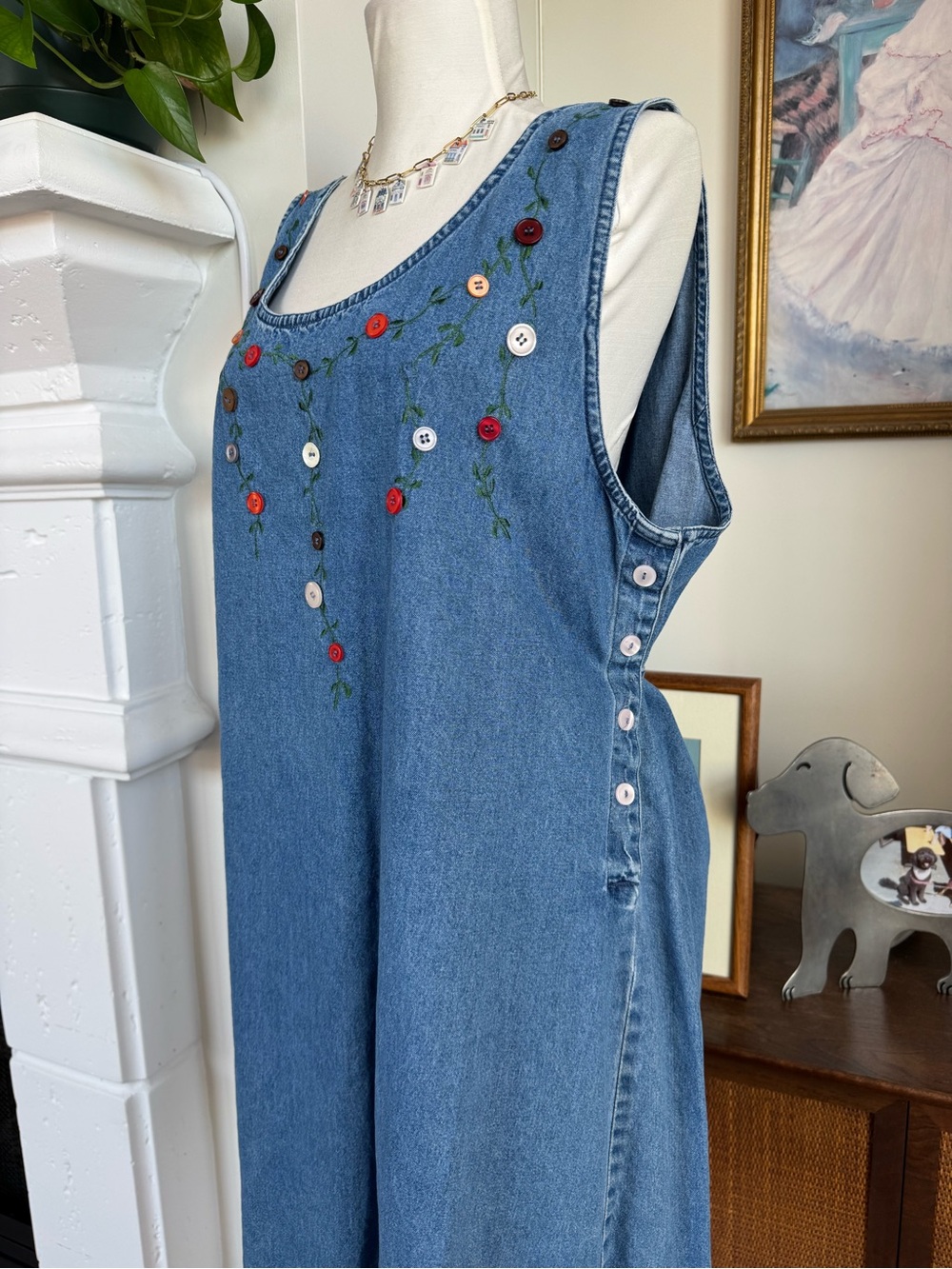 Denim Midi Dress with Embroidered Buttons